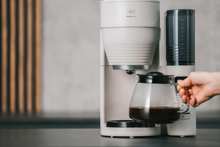 Melitta Aromafresh Pro X - Cafetieră cu râșniță, filtru de cafea cu ulcior din sticlă și rezervor de apă detașabil, pentru până la 10 cești de cafea, gri cald