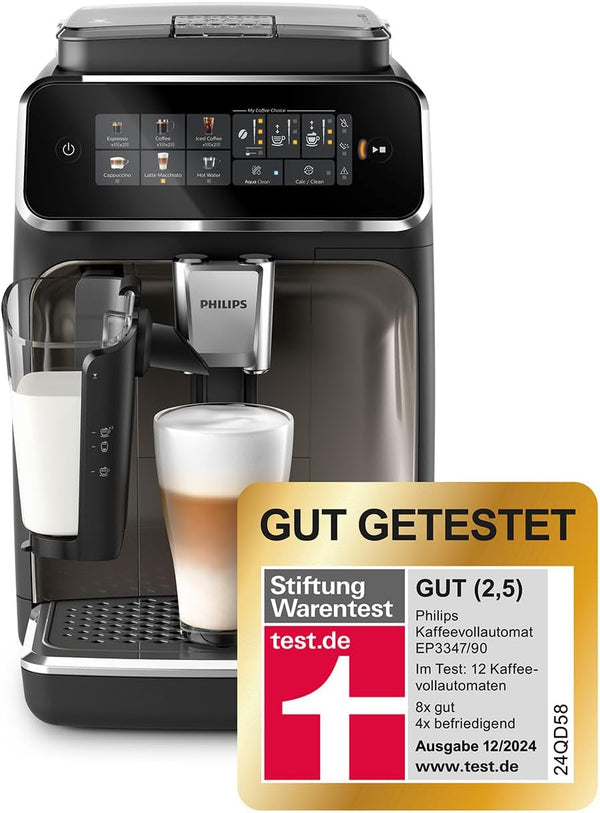Aparat de cafea complet automat Philips Seria 3300 - 6 băuturi, ecran tactil color modern, sistem de lapte Lattego, Silentbrew, râșniță 100% ceramică, filtru Aquaclean. Crom negru (EP3347/90)