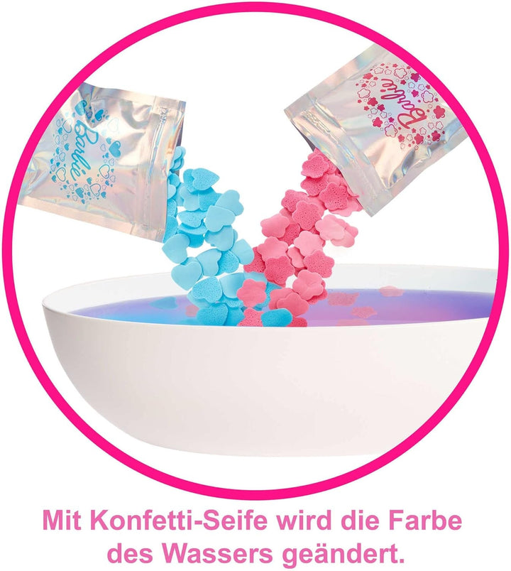 Barbie Self-Care Series, Confetti Bath, păpușă Barbie cu păr blond, costum de baie, cățeluș, 2 pachete de săpun Confetti, accesorii Barbie, 1X păpușă Barbie inclusă, potrivită ca un cadou, Hkt92