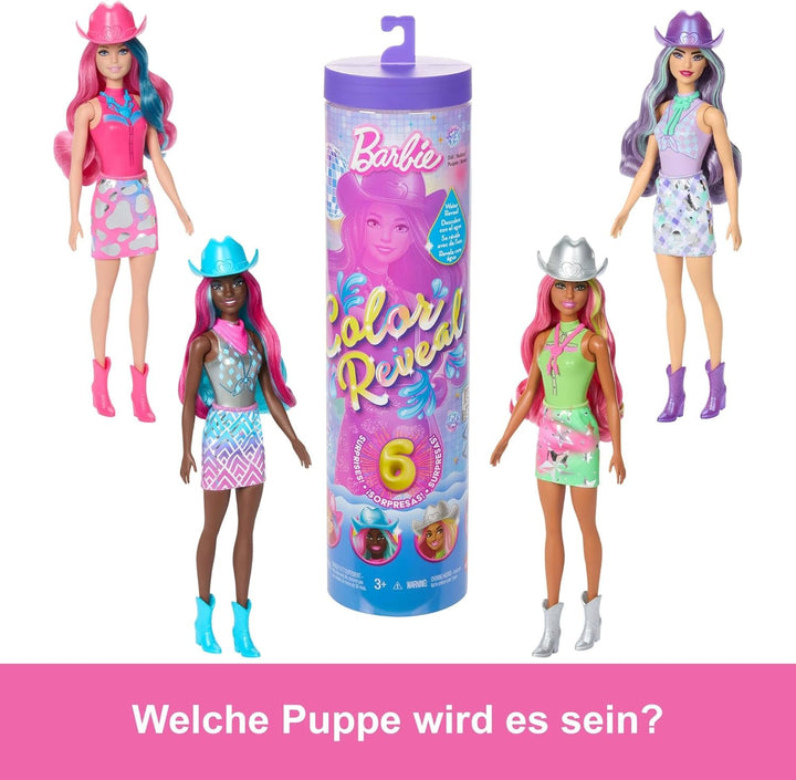 Barbie Color Reveal Fashion Doll și accesorii cu 6 surprize, seria Disco Star cu strălucire metalică și top cu schimbare de culoare (stilurile pot varia), JCP01