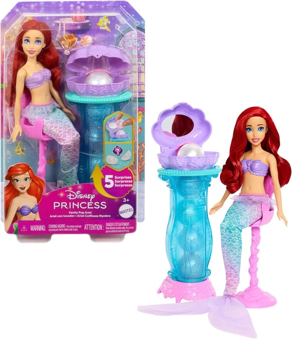 Mattel Disney Princess Toys, Make-up Shell Mermaid Arielle Fashion Doll cu coadă detașabilă, masă de machiaj cu 5 surprize pop-up repetabile și 5 accesorii, JBF86