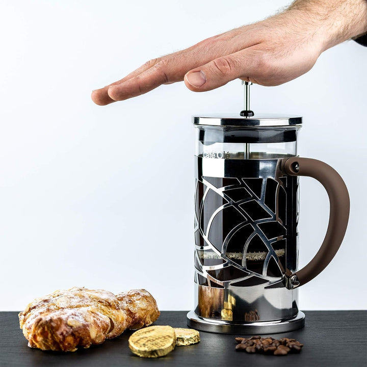 Grunwerg Café Olé Floral transparent filtru de cafea Presă de cafea din oțel inoxidabil 18/10 și sticlă 600 ml 4 pahare Demitasse, argintiu