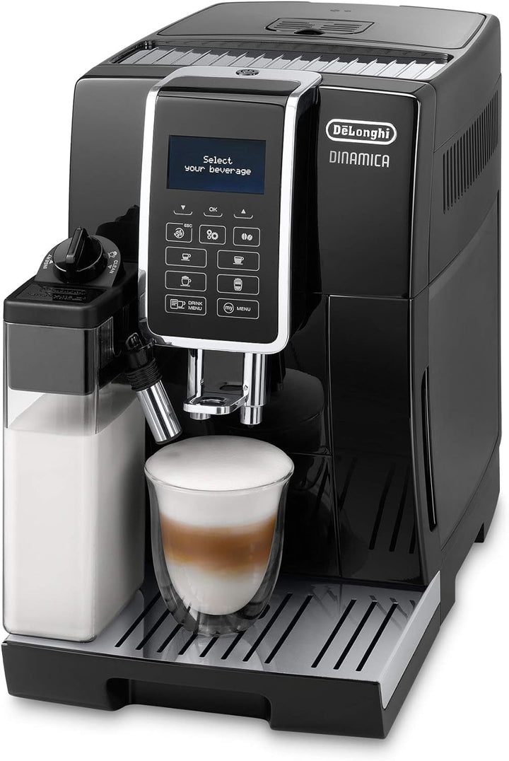 De'Longhi Dinamica ECAM 350.55.B Aparat de cafea complet automat cu sistem de lapte Lattecrema, cappuccino, espresso și cafea la apăsarea unui buton, afișaj digital, funcție 2 cești, rezervor mare de apă de 1,8 litri, negru