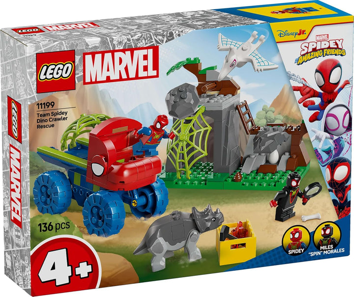 LEGO Marvel Echipa lui Spidey într-o misiune de salvare în camionul Dino, mașină de jucărie construibilă pentru supereroi, set de aventură pentru copii 4+, Spidey și super prietenii săi 11199