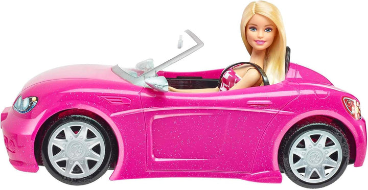 Păpușă Barbie și decapotabilă în roz cu sclipici, logo realist pentru anvelope, jucărie de la 3 ani, DJR55