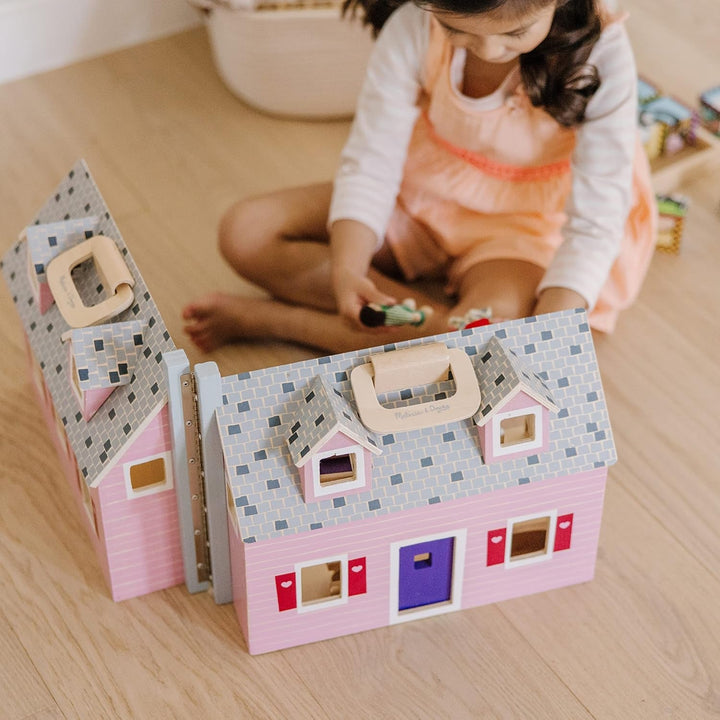 Casa de păpuși Melissa & Doug de pliat și luat cu tine | Casă de păpuși și păpuși | Playsets | 3+ | Cadou pentru băieți sau fete