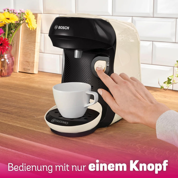 Bosch Tassimo Happy Friendly mașină de capsule TAS107E, Peste 70 de băuturi, Potrivit pentru toate ceștile, Oprire automată, Durabil, Perfect dozat, Economisitor de spațiu, 1400 W, Crem / negru