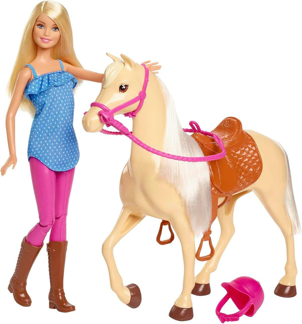 Păpușă Barbie și cal de jucărie, accesoriu de călărie Barbie, 1 păpușă Barbie și 1 cal incluse, potrivite ca un cadou pentru copii de la 3 ani în sus, FXH13