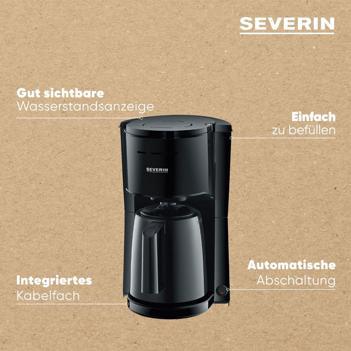SEVERIN Cafetieră cu filtru cu ulcior termo, Cafetieră pentru până la 8 cești, Cafetieră cu filtru atractivă cu ulcior cu vid, Negru, 1 litru, KA 9306