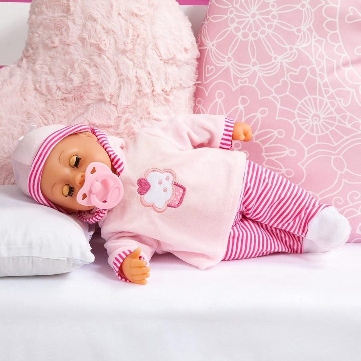 Păpușă First Words cu ochi adormiți, vorbește 24 de sunete de bebeluș, cu păpușă și biberon, 38 cm, roz/stripes