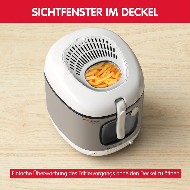 AM4800 Mega 2Kg Fritteuse | Fritteuse Mit Öl | Anti-Geruchs-Filter | Regelbare Temperatur | Leichte Reinigung | Knusprige Pommes | 1.800 Watt | Für Bis Zu 8 Personen | Weiß/Silber | Gross