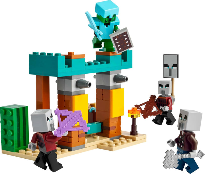 LEGO Minecraft The Illager Desert Patrol, set joc video pentru copii, mini-jucărie cu avanpost și trei minifigurine, inclusiv Plunderer, Servant și Cactus Knight 21267