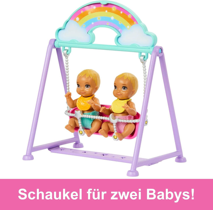 Păpușă Barbie Skipper și creșă cu accesorii, include păpuși gemene, 1 pătuț, 1 leagăn, 1 balansoar și multe altele, HXM99