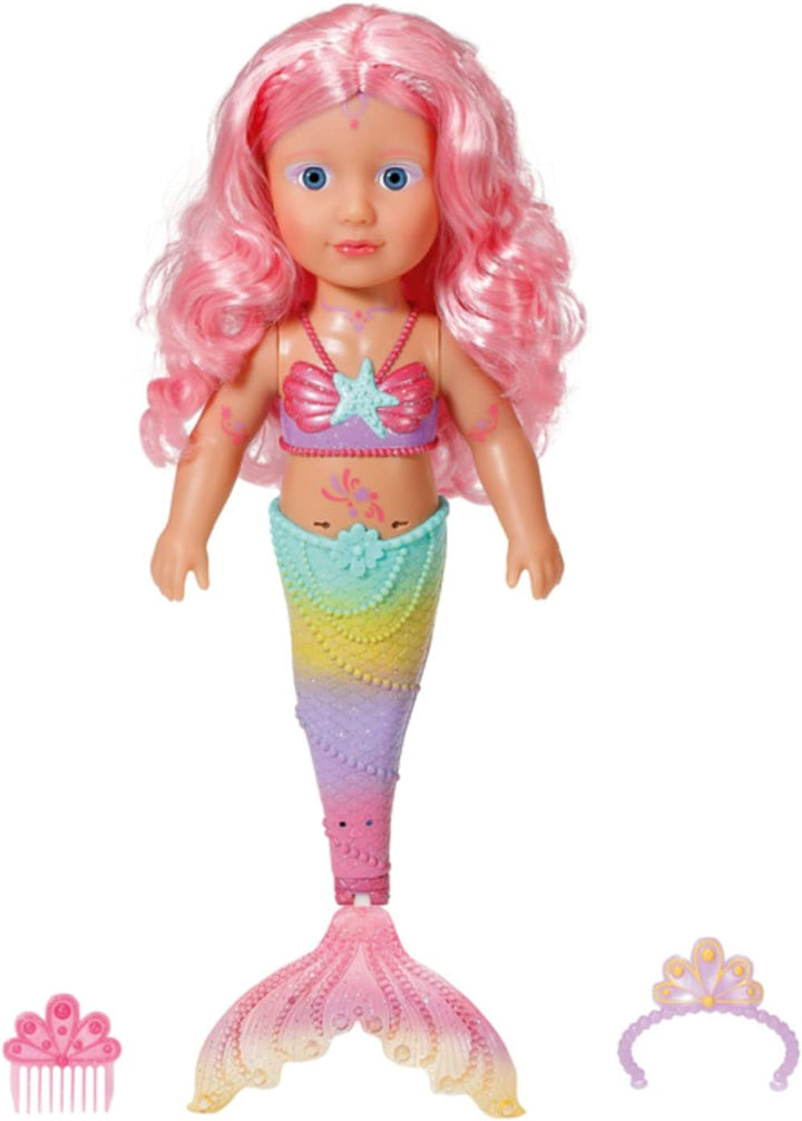 BABY Born Little Sister Mermaid 46 cm, Păpușă sirenă impermeabilă cu păr lung și aripioară mobilă cu sclipici, incl. tiară și pieptene, 833681 Zapf Creation
