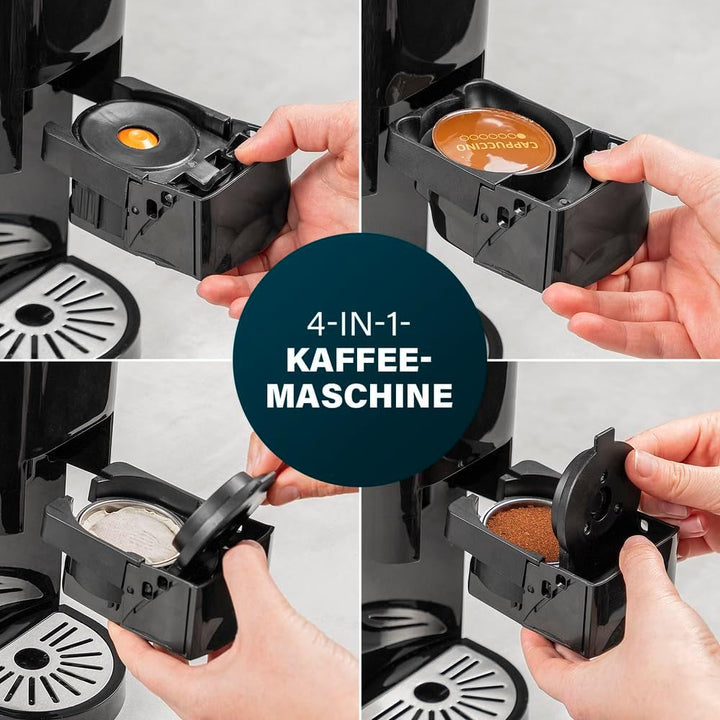 Princess filtru de cafea multi-capsulă 4 în 1 - 1450 Watt, capsule, doze, cafea măcinată, fără Bpa, 249450, 01.249450.01.001, negru, argintiu