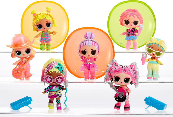 L.O.L. Surprise! Neon Pop Stars Tots - 1 păpușă cu surprize magice cu lumină neagră, ambalaj orb, 7 păpuși de colecționat, fiecare cu autocolante neon și accesorii, cadou pentru copii 4+