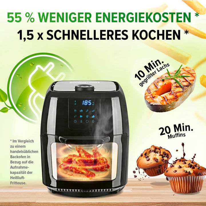 Gourmetmaxx Digitale Heißluftfritteuse XXL - 9L Ofen | Airfryer Mit Timerfunktion, Touchdisplay, Drehspieß, Schaschlikspießen | Fettarm, Energiesparend Frittieren | 8 Programme, 1800 W