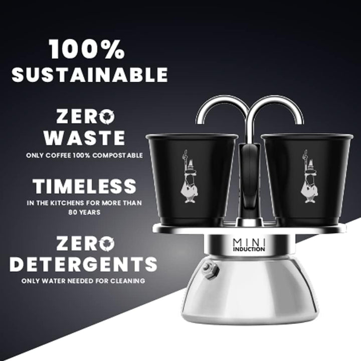 Bialetti Mini Express Induction, Cafetieră cu inducție, 2 cești (100 ml), Potrivit pentru toate tipurile de aragazuri, Negru