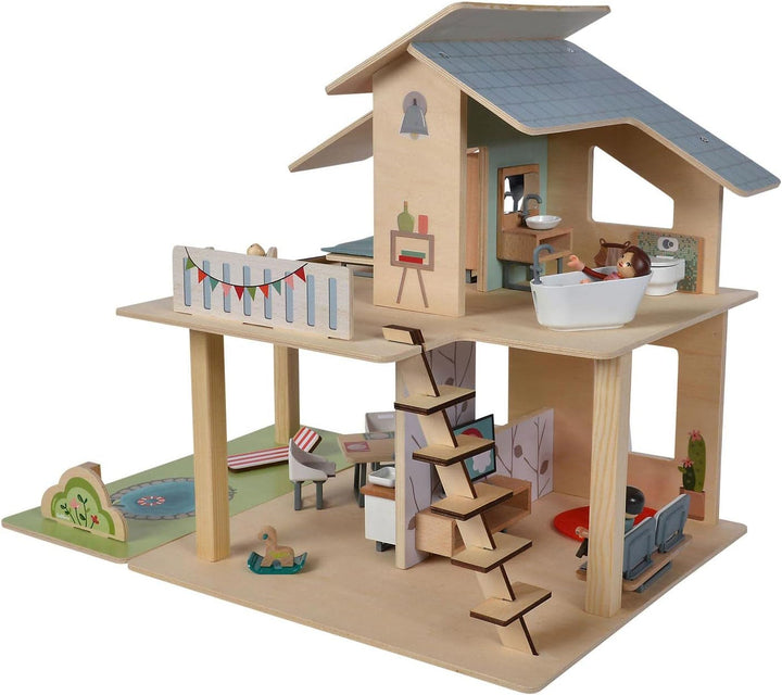 Eichhorn - Casă de păpuși cu accesorii - Incl. mobilier și 3 figurine, Neasamblat, Fabricat din lemn, 25 de piese, 53X36X44 cm mare, De la TREI ani
