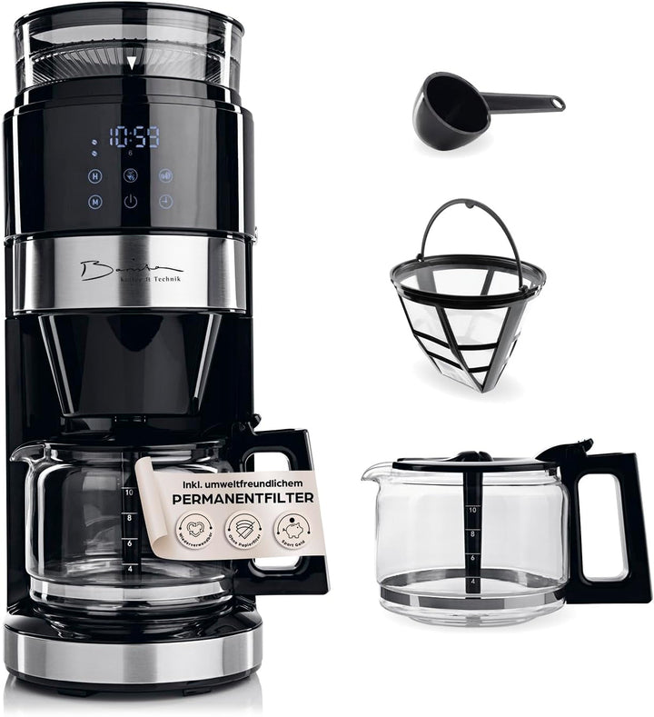 Cafetiera cu filtru Barista cu râșniță reglabilă și cană termo | funcție de menținere la cald, cronometru 24H și filtru permanent | pentru 10 cești de cafea | cafetieră pentru boabe și pudră [oțel inoxidabil]