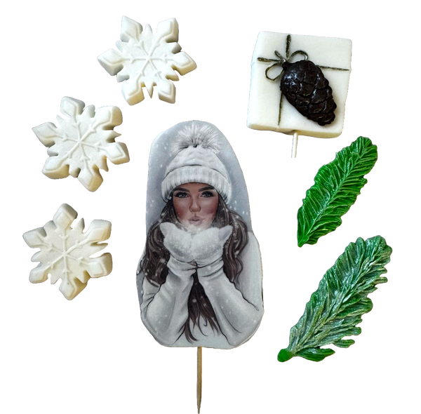 Set 7 edible decorations from sugar paste, Lady Beautiful, White Caciula