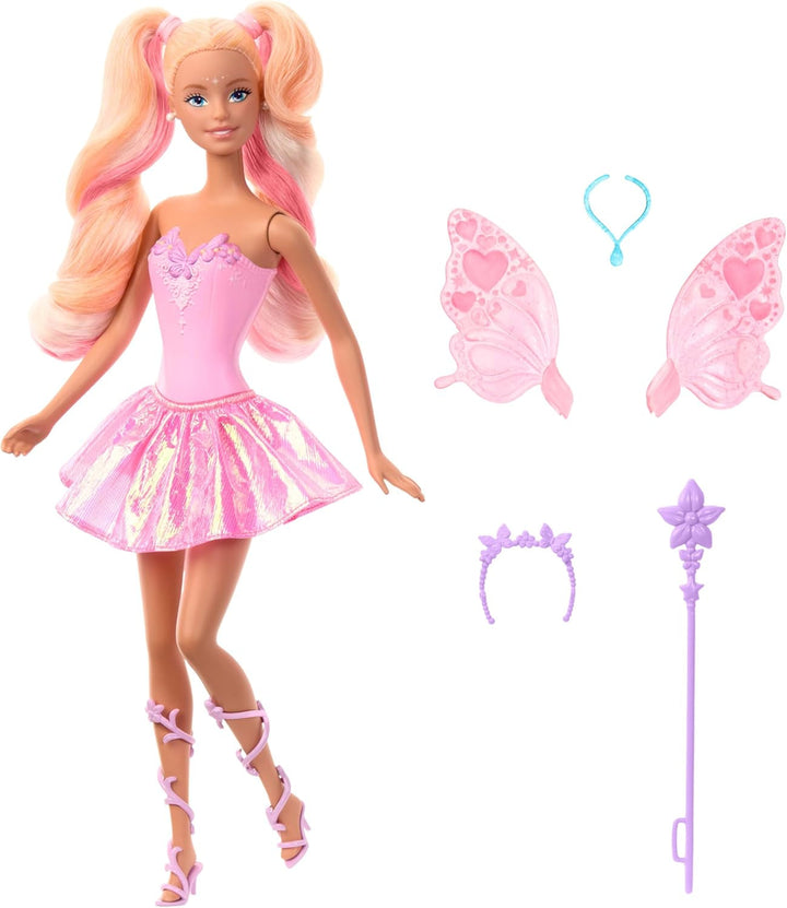 Mattel Barbie Doll Fairy cu baghetă de jucărie și accesorii de modă, temă fantastică cu aripi și ținută care își schimbă culoarea, JCP76, [Multicolor]