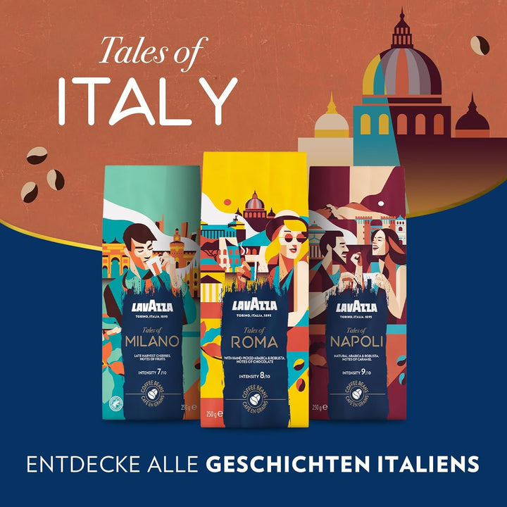 Lavazza, Tales of Roma, Kaffeebohnen, Ideal Für Espresso-Kaffeemaschinen, Mit Aroma Noten Von Haselnuss & Dunkler Schokolade, Arabica Und Robusta, Intensität 8/10, Mittel Röstgrad, 250 G