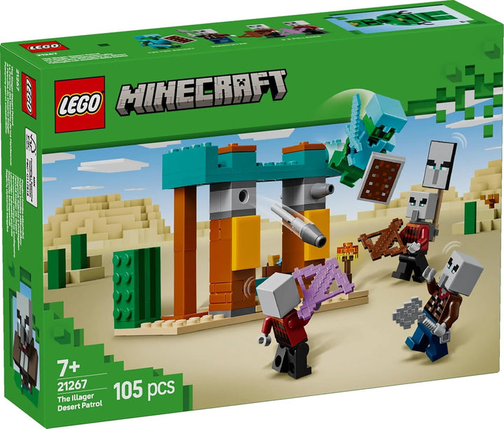 LEGO Minecraft The Illager Desert Patrol, set joc video pentru copii, mini-jucărie cu avanpost și trei minifigurine, inclusiv Plunderer, Servant și Cactus Knight 21267