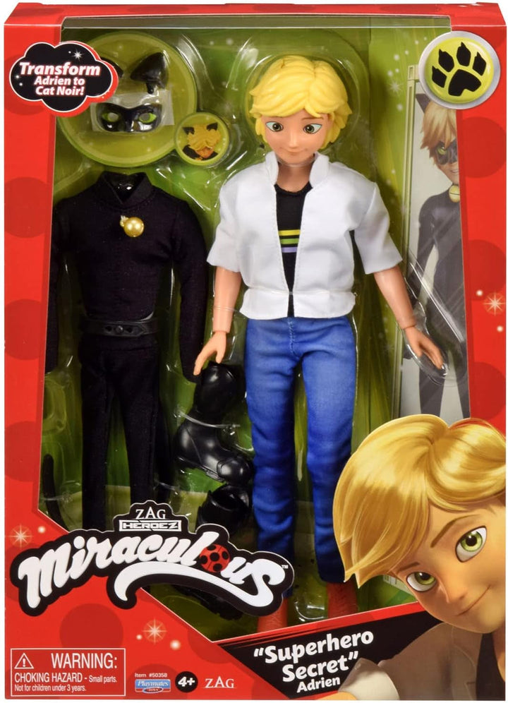 BANDAI - Miraculous - Păpușă Miraculous Cat Noir și Adrien - Păpușă manechin 26 Cm și cele 2 ținute ale ei - Jucărie Miraculous - Păpușă super erou articulată - Jucărie pentru copii de la 4 ani - P50356