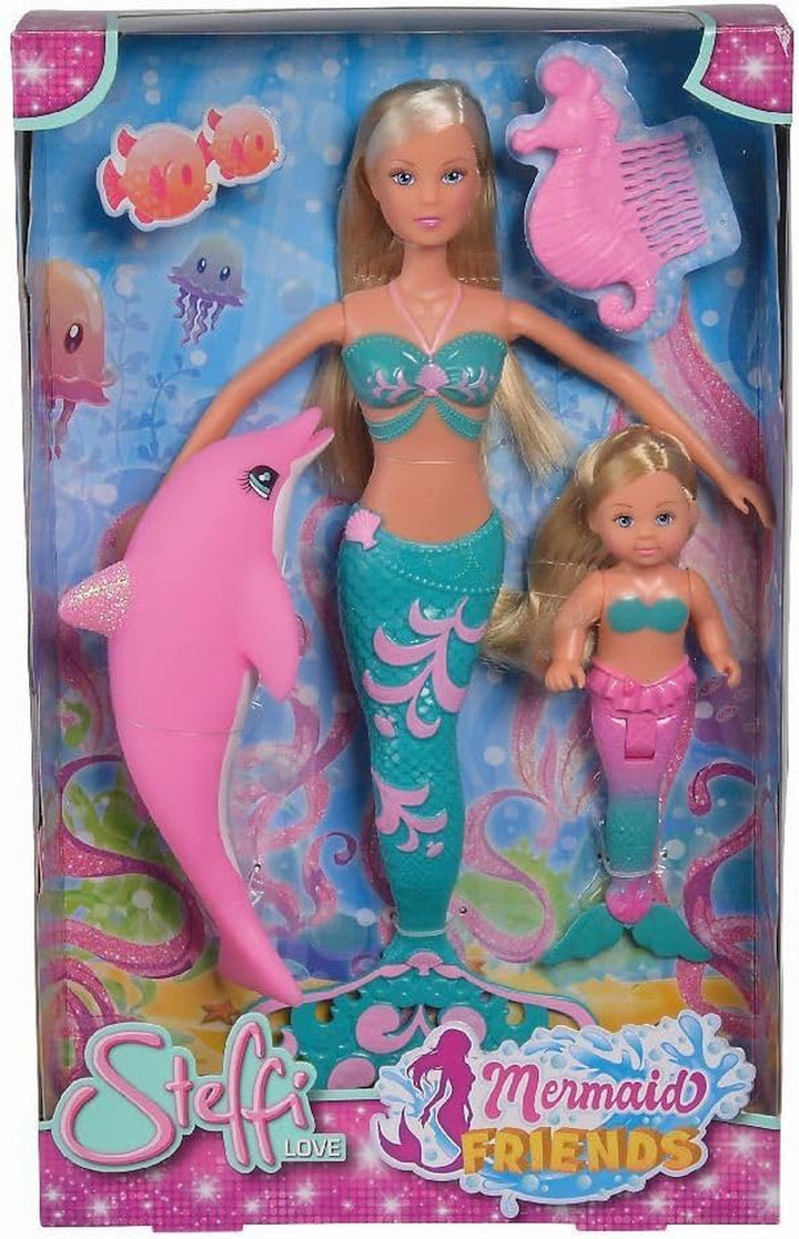 Simba 105733336 - Steffi LOVE Mermaid Friends, păpușă ca o sirenă magică cu sora Evi, figurină cu delfin și multe altele, jucărie pentru copii de la 3 ani în sus