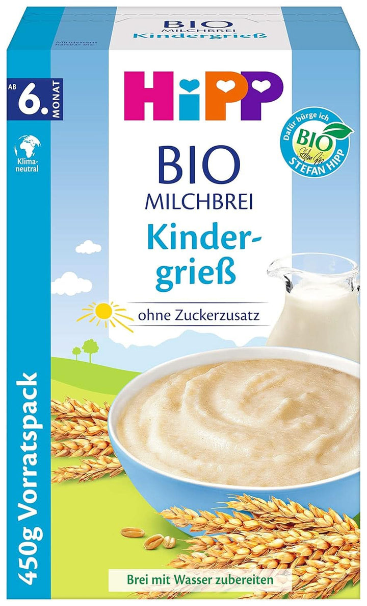 Hipp terci de lapte organic fără adaos de zahăr, semolina si banana, pachet de stocare (4X450 grame)