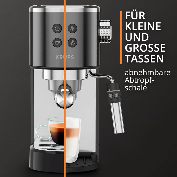 Krups XP444G Virtuoso+ espressor portafilter, 15 bar presiune pompă, 3 filtre crema, duză abur din oțel inoxidabil, panou de control intuitiv, control rotativ, incl. lingură de dozare / tampon, crom / negru