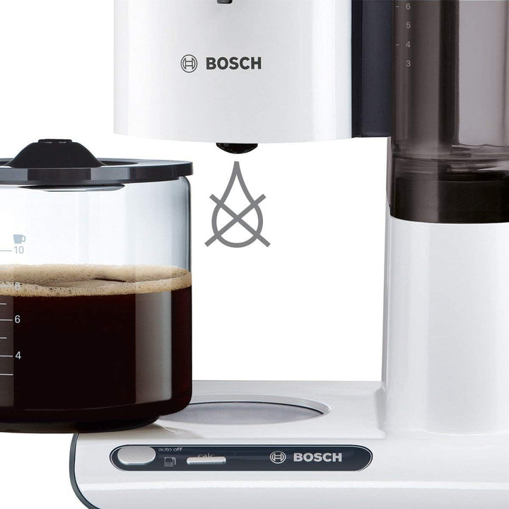 Bosch filtru de cafea Styline TKA8011, senzor de aromă, protecție aromă carafa de sticlă 1,25 L, pentru 10-15 cești, oprire automată, sistem de detartrare, opritor de picurare, suport filtru pivotant, 1160 W, alb