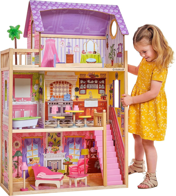 Casa de păpuși din lemn Kidkraft Kayla cu mobilier și accesorii, set de joacă cu 3 niveluri de joc pentru păpuși de 30 cm, jucărie pentru copii de la 3 ani, 65092 - Exclusiv pe Amazon
