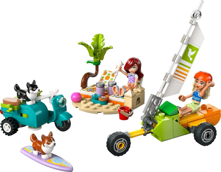 LEGO Friends Beach Adventure cu câini, jucărie de construcție pentru fete de la 6 ani, set de joacă pentru animale cu 2 minifigurine și 2 figuri Corgi, cadou pentru copii creativi, set de construcție de aventură cu placă de surf 42641