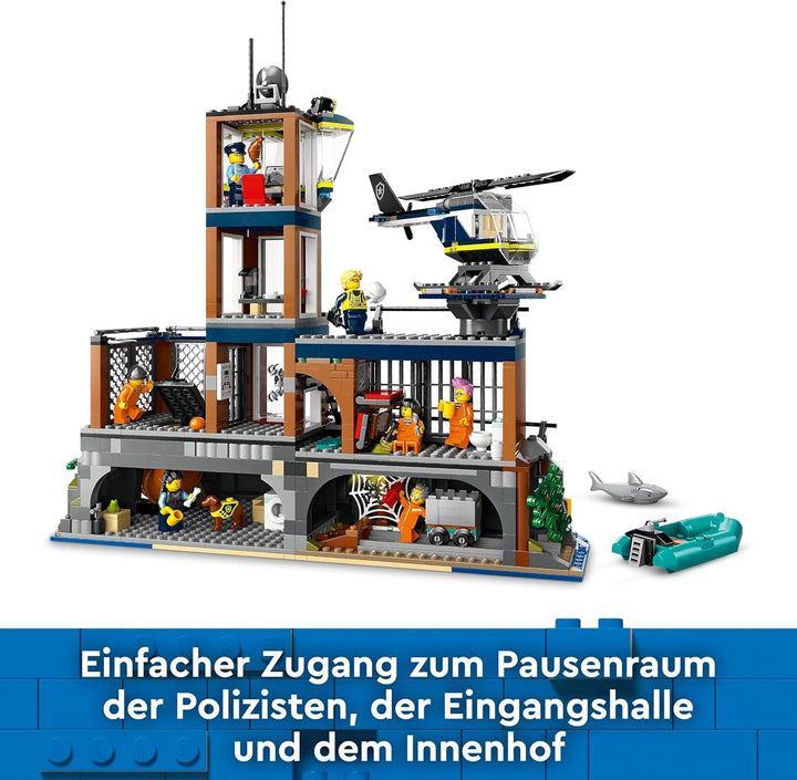 Stație de poliție LEGO City pe insula închisorii, jucărie de poliție cu elicopter, barcă și rechin, set cu 7 minifigurine și câine, cadou aniversar pentru băieți și fete de la 7 ani 60419