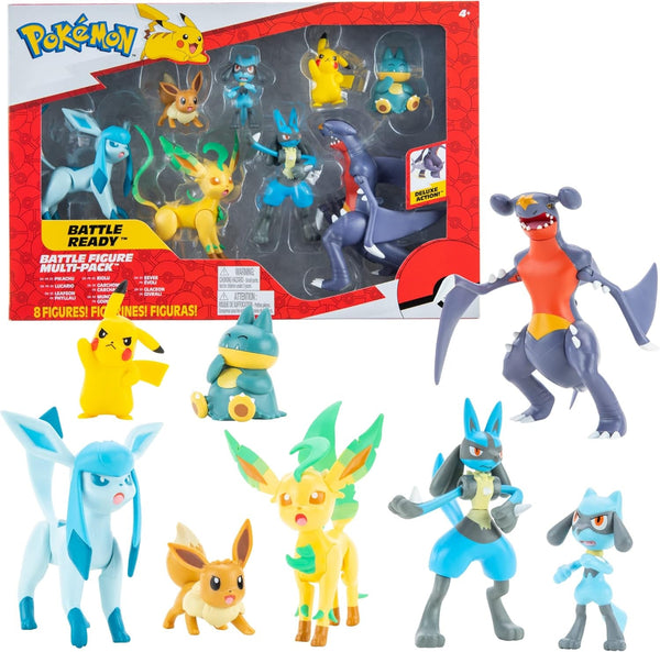Pokemon Figura Set 8 Pack - 5-11 Cm Figura - Garchomp, Pikachu, Eevee, Lucario, Riolu, Munchlax, Glaceon & Leafeon - New 2023 - Official Toy