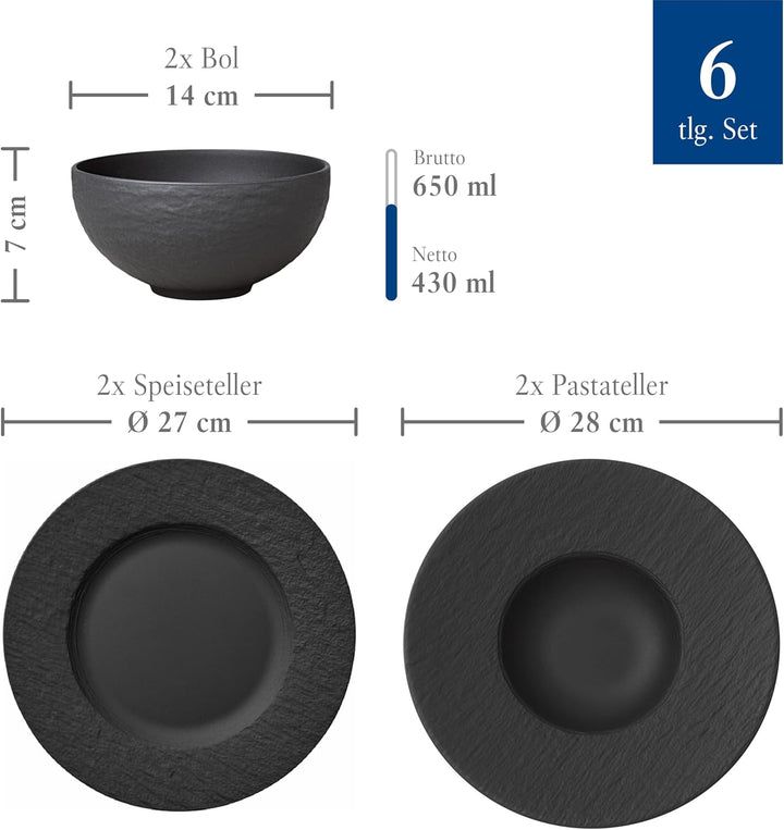 Villeroy & Boch – Manufacture Rock Starter-Set 6 Teilig Schwarz, Spülmaschinenfest, Mikrowellensicher, Geschirr Set Schwarz Matt, Tafelservice, Essgeschirr, Premium Porzellan