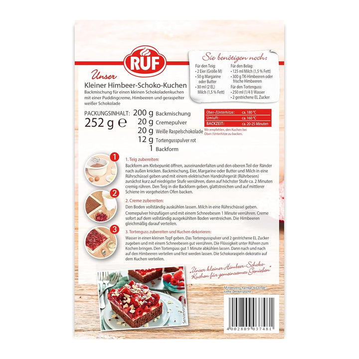 RUF Kleiner Himbeer-Schokokuchen, Mini-Kuchen Mit Feiner Puddingcreme, Himbeeren Und Weißen Schokoraspeln, Inkl. Backform, 1X252G