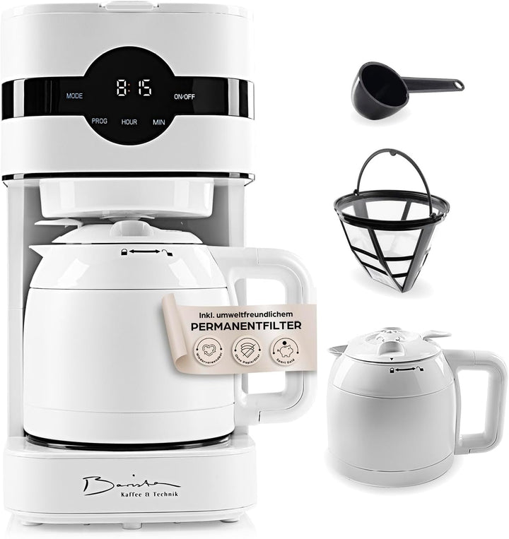 Cafetiera cu filtru Barista cu râșniță reglabilă și cană termo | funcție de menținere la cald, cronometru 24H și filtru permanent | pentru 10 cești de cafea | cafetieră pentru boabe și pudră [oțel inoxidabil]