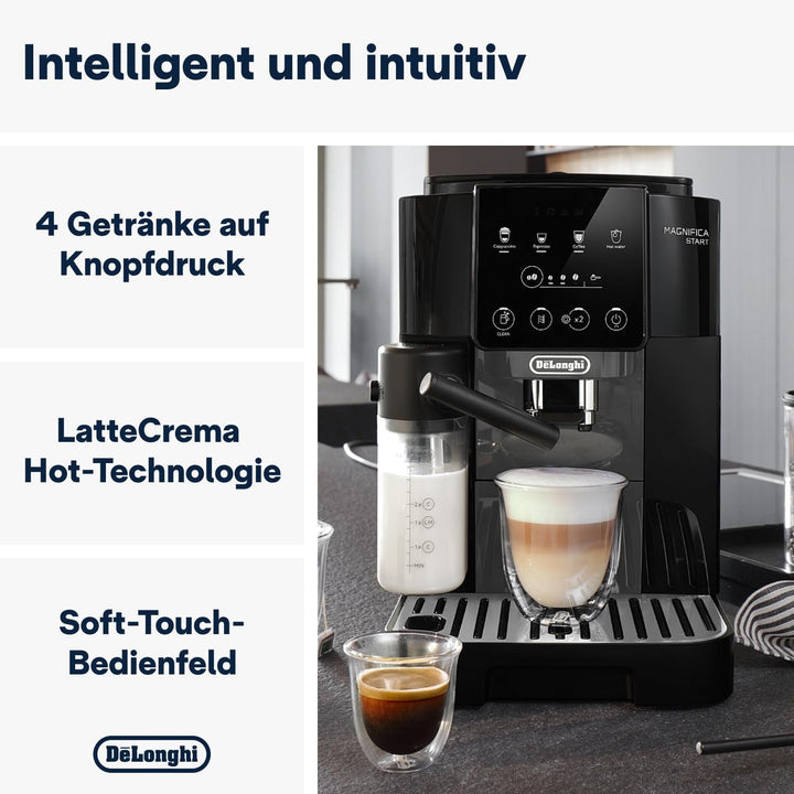 De'Longhi Magnifica Start ECAM222.60.BG, Mașină de cafea complet automată cu sistem de lapte latte crema pentru cappuccino automat, 4 butoane de selecție directă, panou de control soft-touch, funcție "X2", 1450W, negru/gri