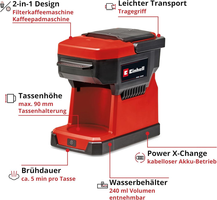 Cafetieră fără fir Einhell TE-CF 18 Li-Solo Power X-Change (18 V, Rezervor de apă 240 ml, Pentru cafea cu filtru și doze de cafea, Mâner de transport, Inclusiv ceașcă de cafea cu capac, Fără baterie)