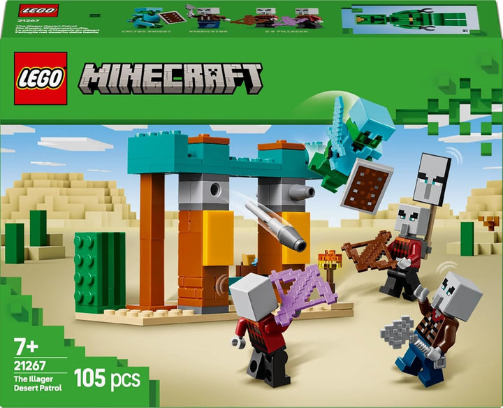 LEGO Minecraft The Illager Desert Patrol, set joc video pentru copii, mini-jucărie cu avanpost și trei minifigurine, inclusiv Plunderer, Servant și Cactus Knight 21267