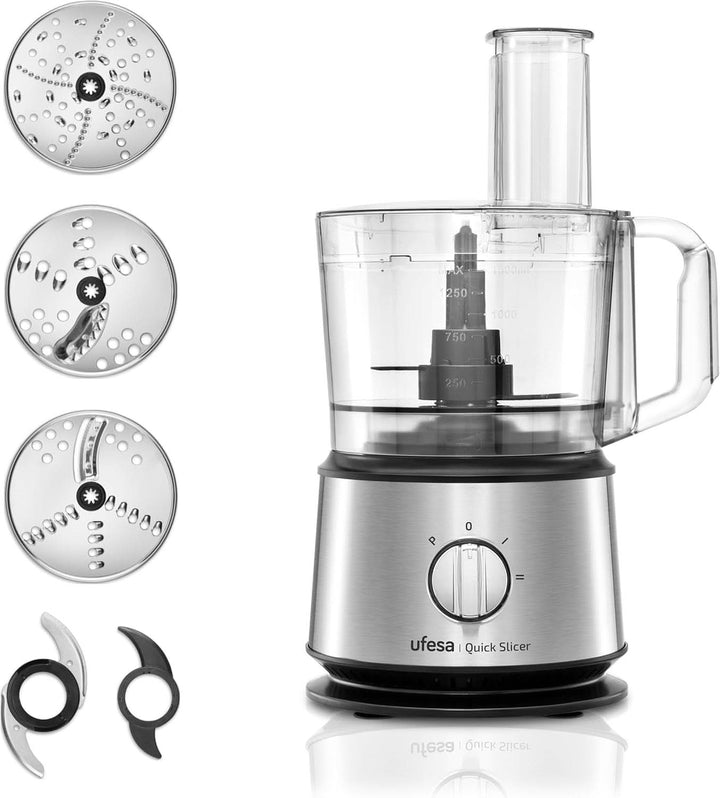 Ufesa Quick Slicer Processor Multifunktions-Foodprozessor 10-In-1, 1200W, 1,5L Fassungsvermögen, Edelstahlgehäuse, X3 Doppelseitige Scheiben, X1 Schneidemesser, X1 Rührlöffel