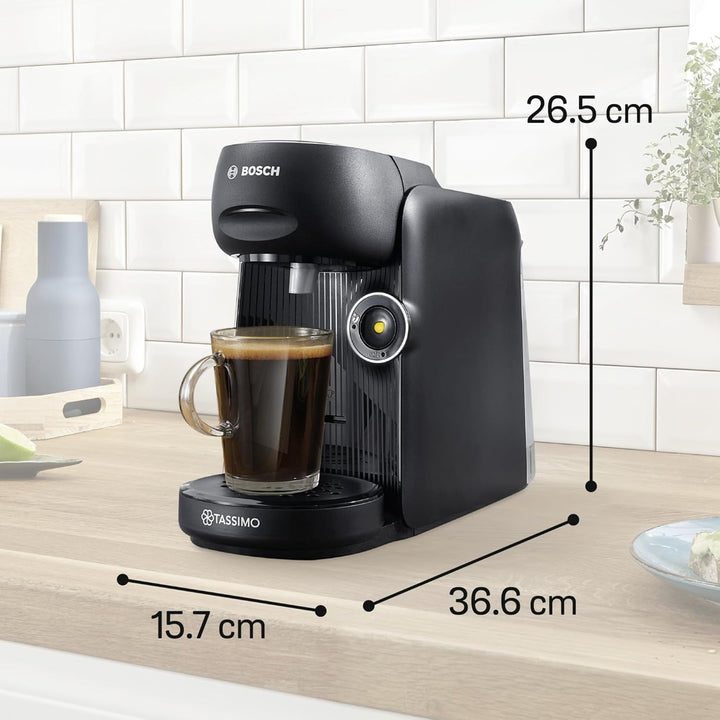 Bosch Tassimo Finesse Friendly mașină de capsule TAS162E, 70 de băuturi, cafea mai intensă la apăsarea unui buton, deconectare automată, durabilă, perfect dozată, 1400 W, negru / negru