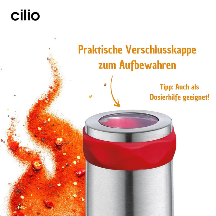 Cilio Chili Mühle PICCANTE | Zum Selbstbefüllen | Ø 6,5Cm, H: 14,5Cm | Mit Verschlusskappe | Inkl. Beschreibbaren Aufklebern | Für Gleichmäßig Feine Chilli Flocken