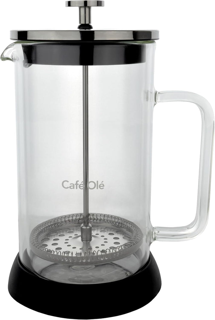 Cafetieră Café Olé Doppio din sticlă cu pereți dubli, presă franceză, bază de silicon antiderapantă, 8 cești espresso/1000 ml, negru
