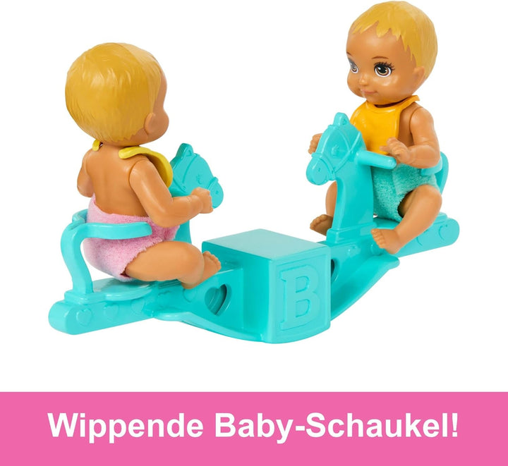 Păpușă Barbie Skipper și creșă cu accesorii, include păpuși gemene, 1 pătuț, 1 leagăn, 1 balansoar și multe altele, HXM99
