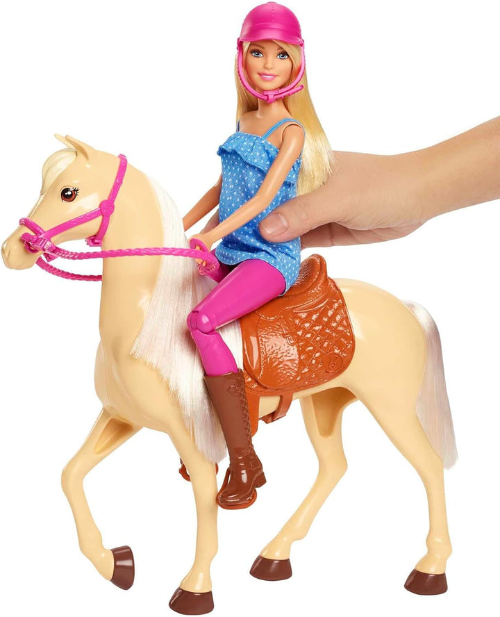 Păpușă Barbie și cal de jucărie, accesoriu de călărie Barbie, 1 păpușă Barbie și 1 cal incluse, potrivite ca un cadou pentru copii de la 3 ani în sus, FXH13