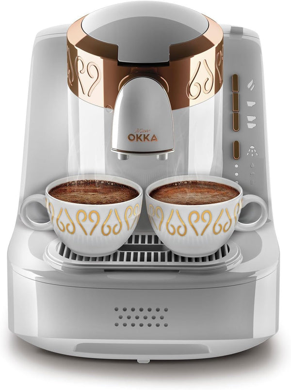 Cafetieră turcească Arzum Okka, Complet automată, 3 dimensiuni cești, Funcție de auto-curățare, Rezervor de apă 950 Ml, Senzor de supraprotecție, Design compact, Alb